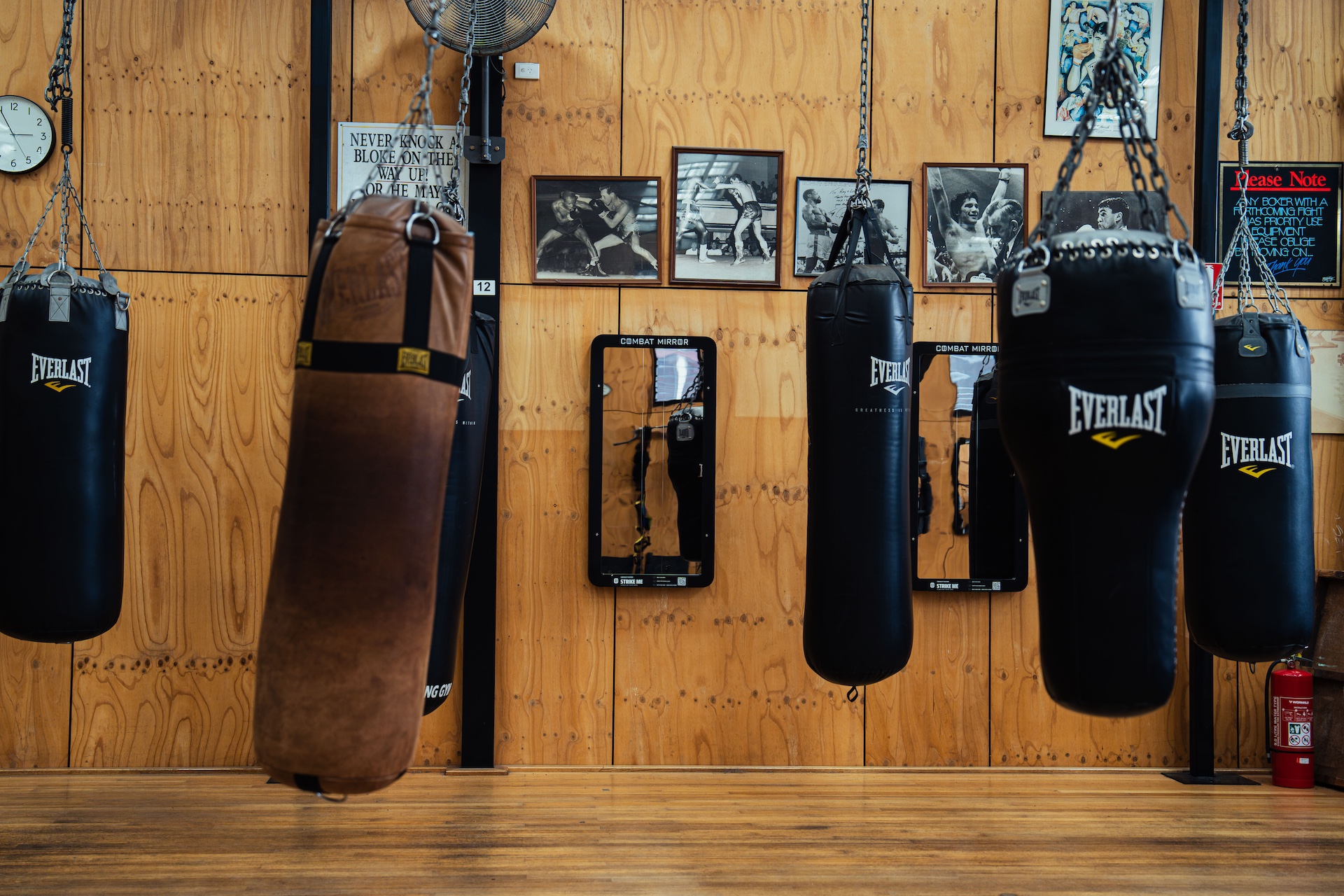 Line of Everlast heavy bags including an old leather bag