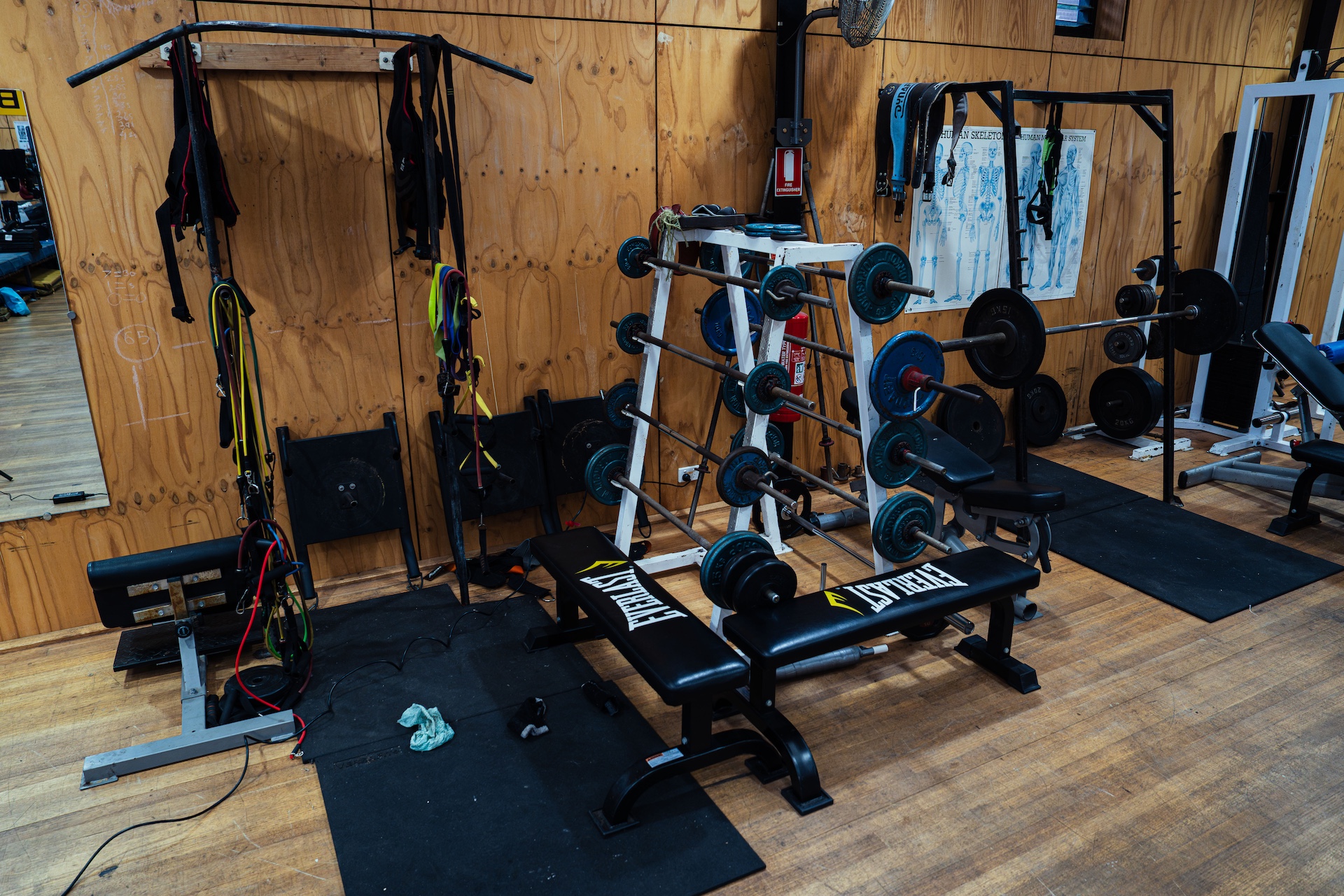 Weights area with benches, plates and resistance bands